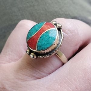New Turquoise & Coral Tibetan 925 Silver Ring.